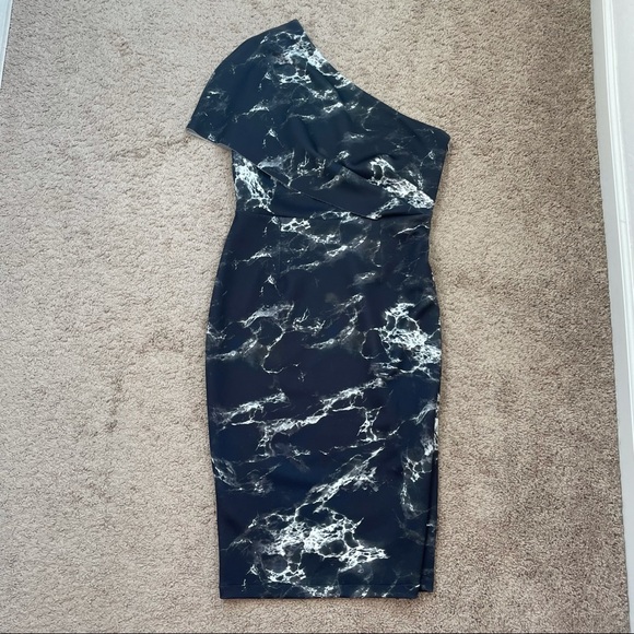 ASOS One Shoulder Black Marble Printed Midi Cocktail Dress Size 8 - Picture 5 of 16